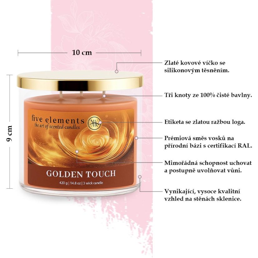 Świeca zapachowa Five Elements Golden Touch, 420 g, 3 knoty