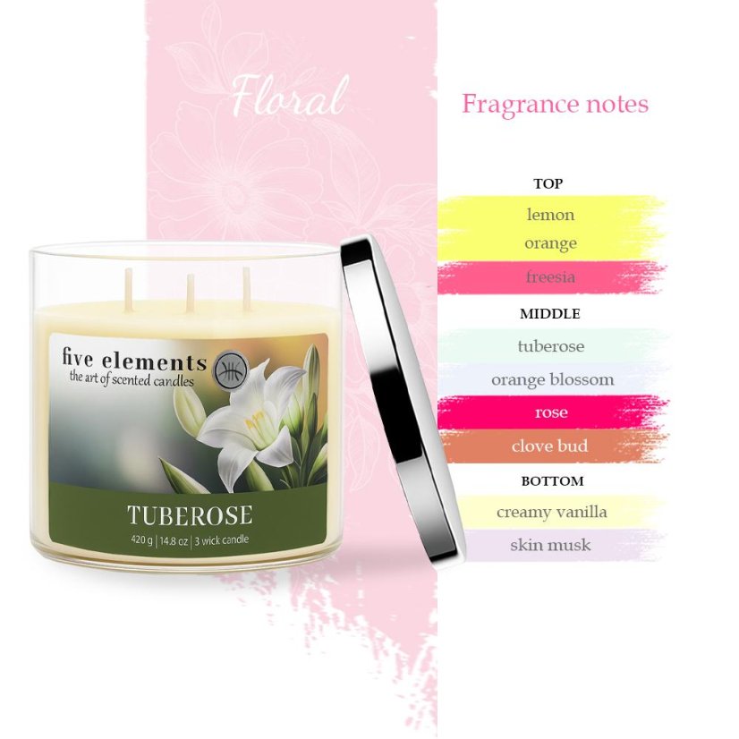 Duftkerze Five Elements Tuberose, 420 g, 3 Dochte