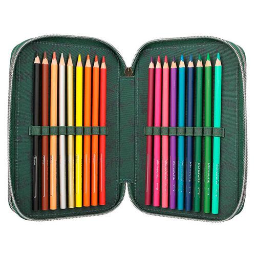 Three-tier pencil case with Dino World T-Rex accessories and chain