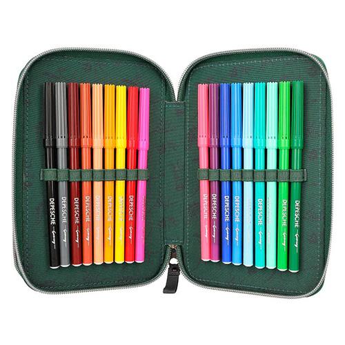 Three-tier pencil case with Dino World T-Rex accessories and chain