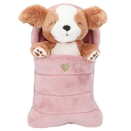 Brauner Plüschhund Top Model in rosa Schlafsack