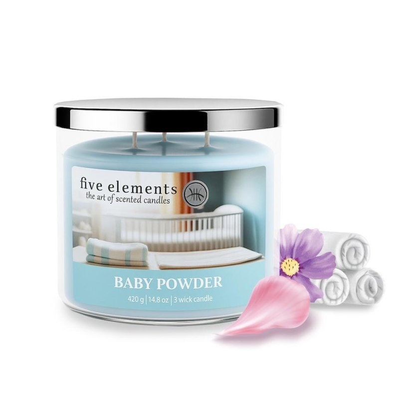Świeca zapachowa Five Elements Baby Powder, 420 g, 3 knoty