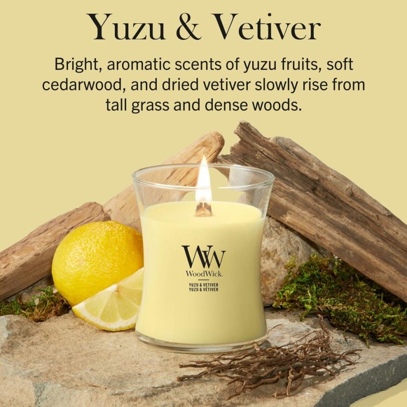 WoodWick közepes méretű gyertya, Yuzu & Vetiver