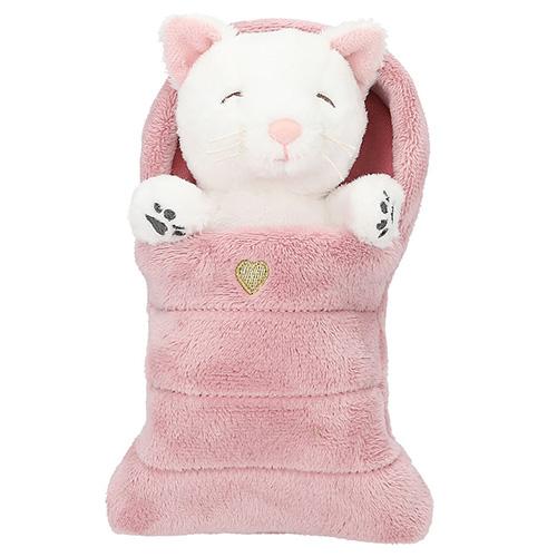 Top Model white plush cat in a pink sleeping bag