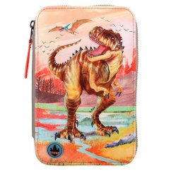 Dreistöckiges LED-Federmäppchen mit Dino World T-Rex-Ausstattung, braun