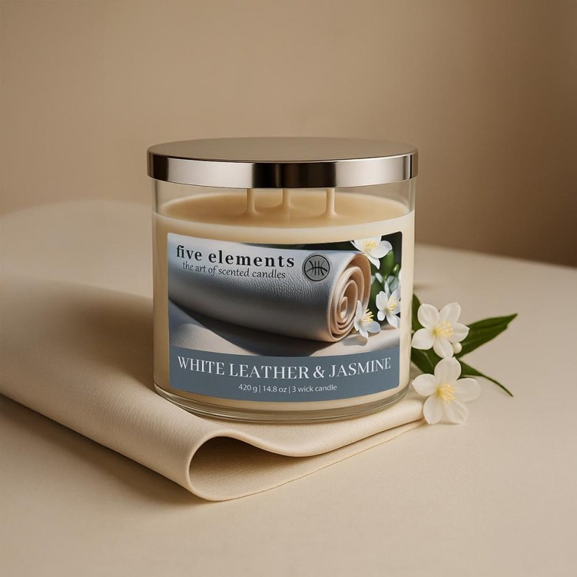 Świeca zapachowa Five Elements White Leather & Jasmine, 420 g, 3 knoty