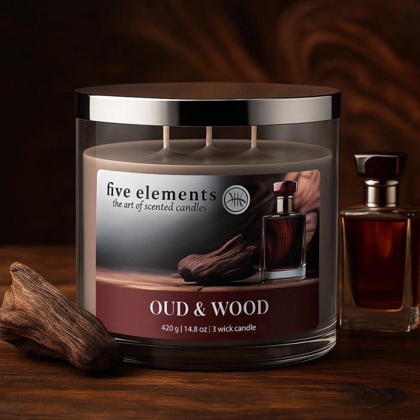 Świeca zapachowa Five Elements Oud & Wood, 420 g, 3 knoty