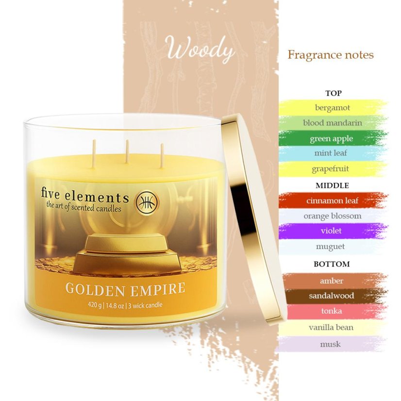 Świeca zapachowa Five Elements Golden Empire, 420 g, 3 knoty
