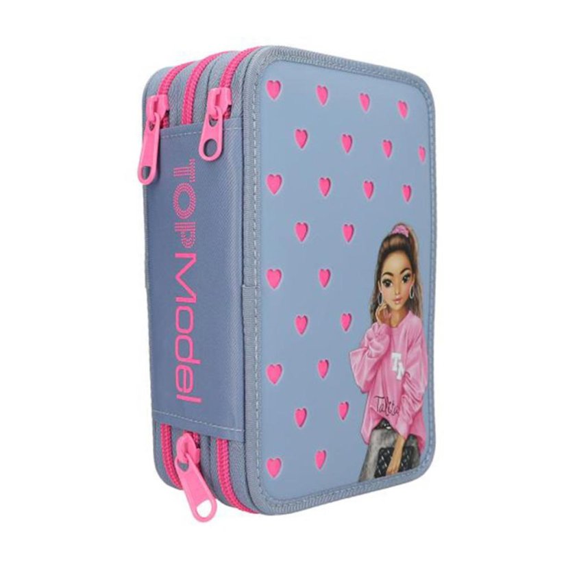 Three-tier pencil case with accessories and Top Model Talita badges