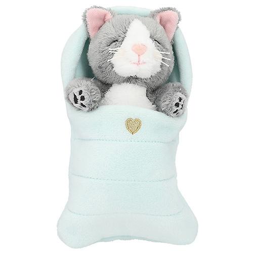 Top Model gray plush cat in a green sleeping bag