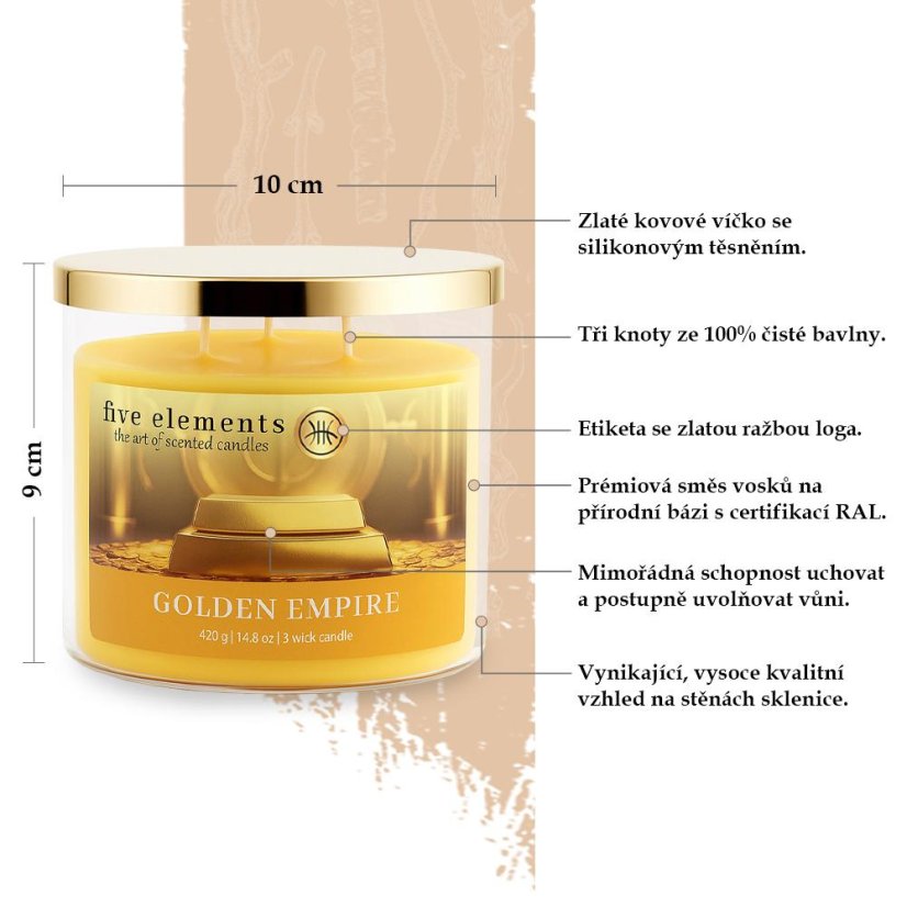 Świeca zapachowa Five Elements Golden Empire, 420 g, 3 knoty