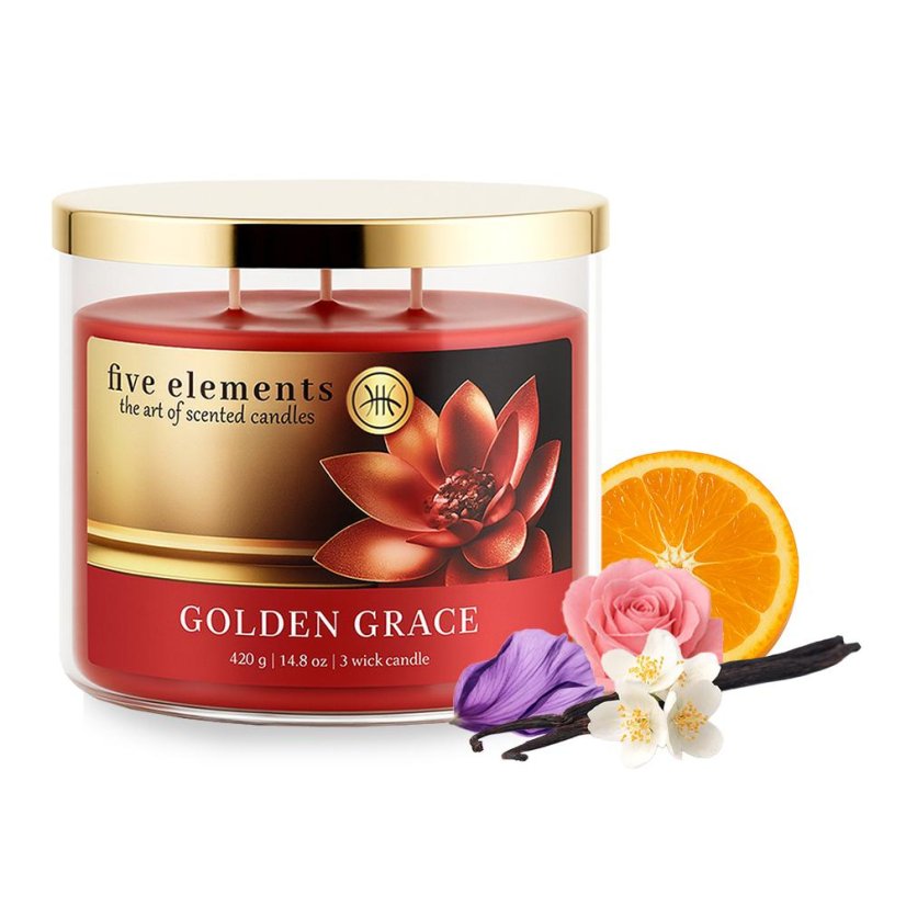 Świeca zapachowa Five Elements Golden Grace, 420 g, 3 knoty