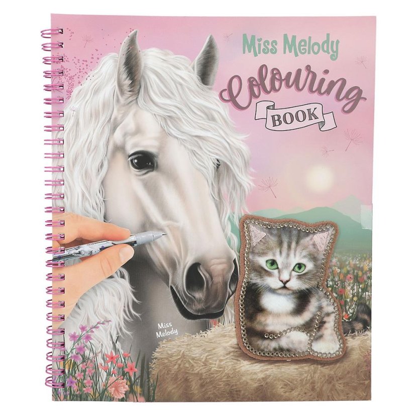 Spiral coloring book with Miss Melody sequin patch
