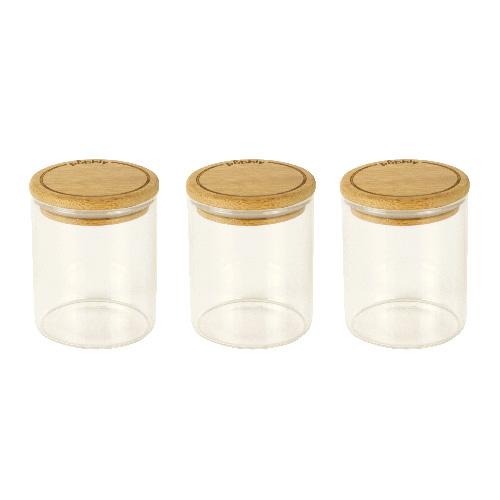 Pebbly Sada dóz PKV-014 Skleněné kulaté bambusové víko s uzávěrem 180 ml 6,5 x 6,5 x 8,5 cm 3 ks